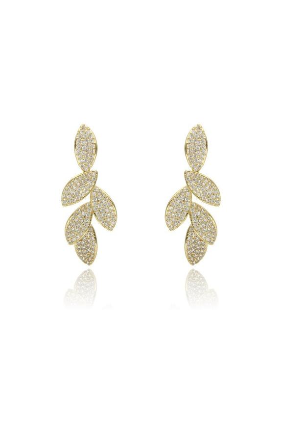 Elegant gold leaf-shaped earrings set with cubic zirconia