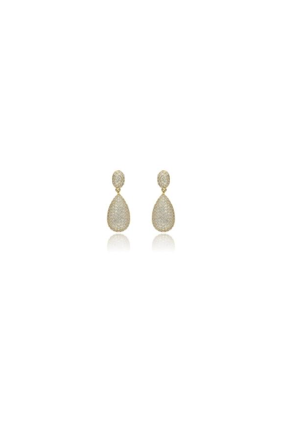 Gold teardrop-shaped drop earrings set with cubic zirconia
