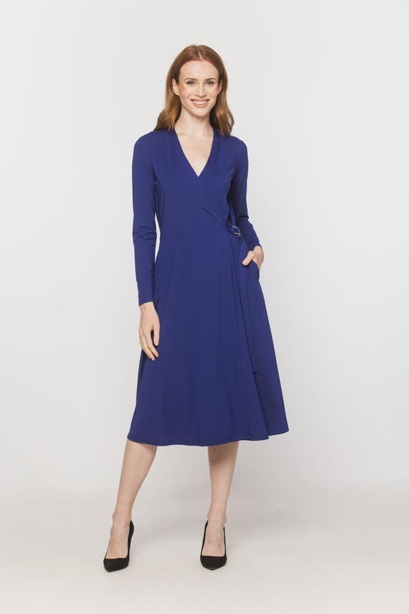 A plain wrap-around dress made from sapphire-coloured knitwear