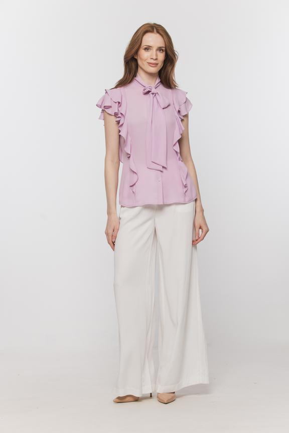 Liliowa zwiewna bluzka z falbankami i wiązaniem