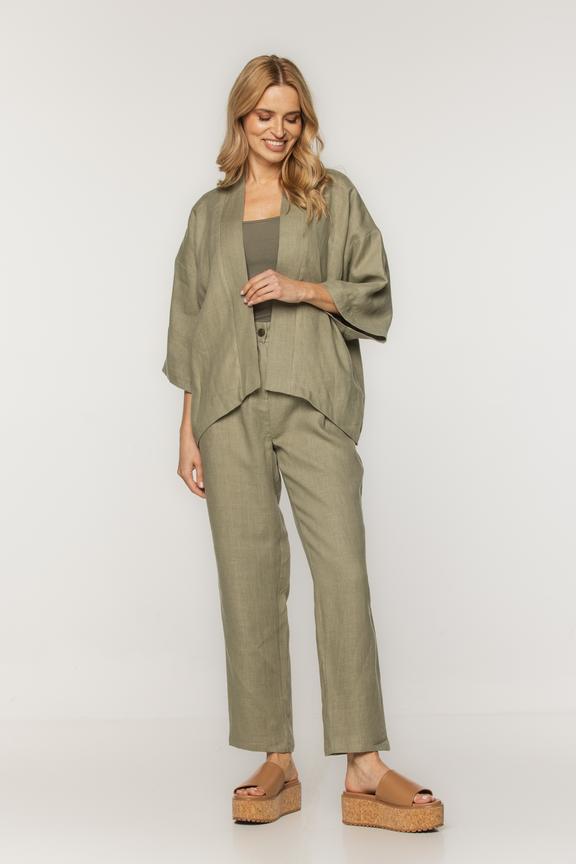 Lniane oliwkowe spodnie z kieszeniami i zakładkami