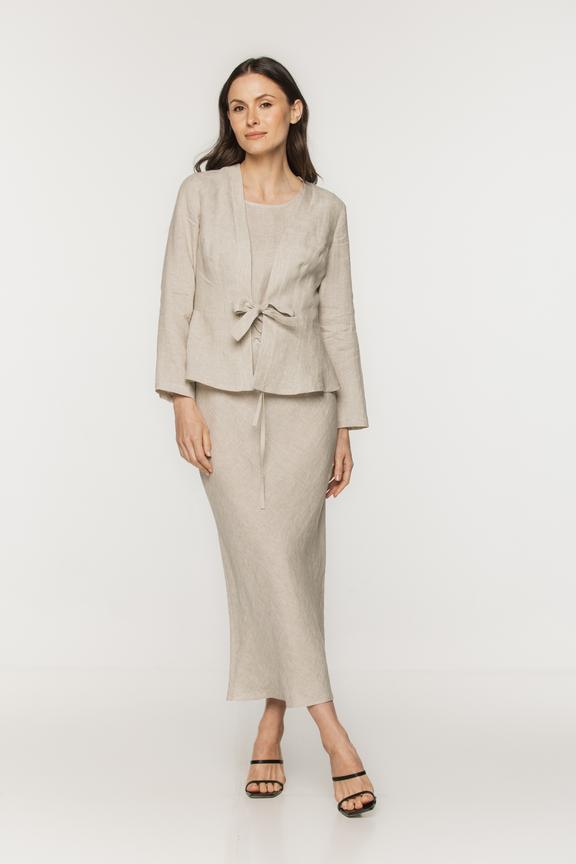Lniana beżowa bluzka o żakietowym kroju z wiązaniem w talii
