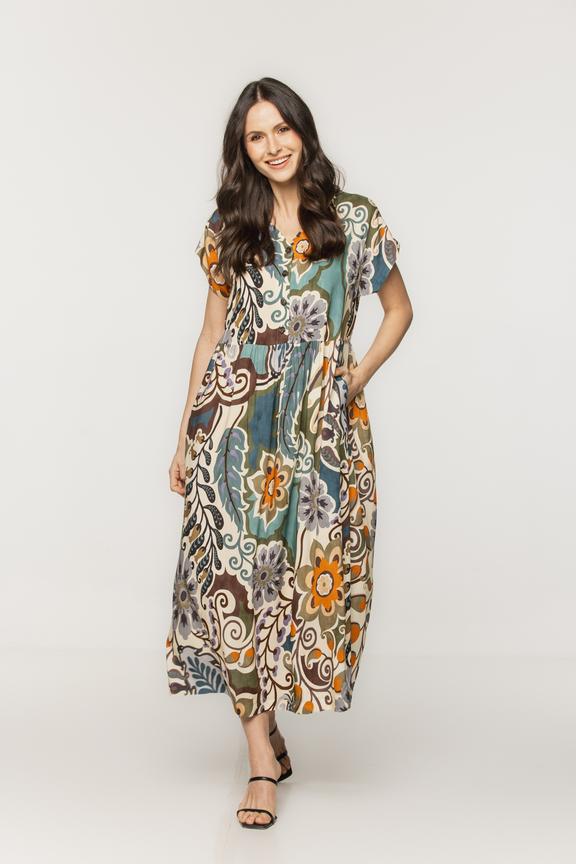 Luźna sukienka midi z guzikami i dekoltem w serek