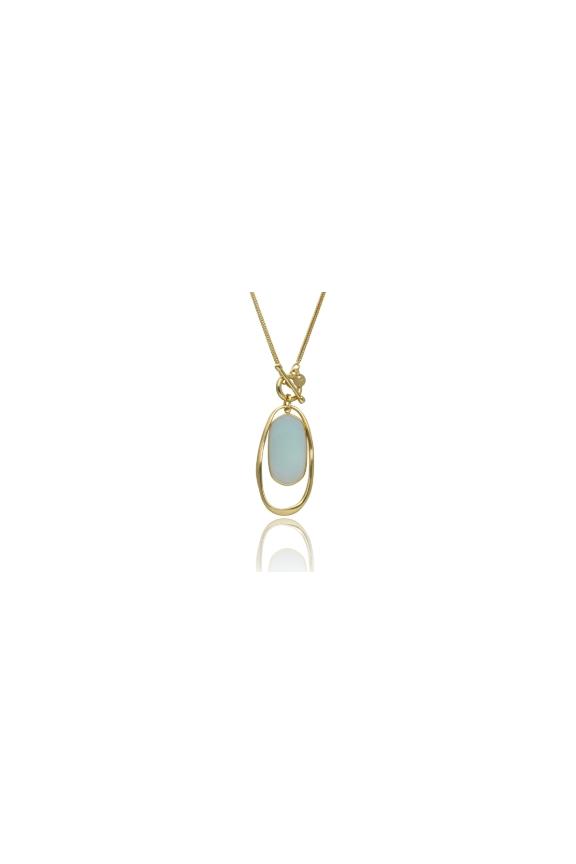 A long gold necklace with a pastel-coloured stone and a clasp