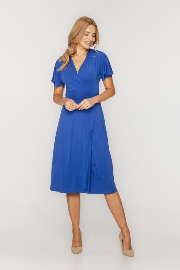 Niebieska kopertowa sukienka z dzianiny