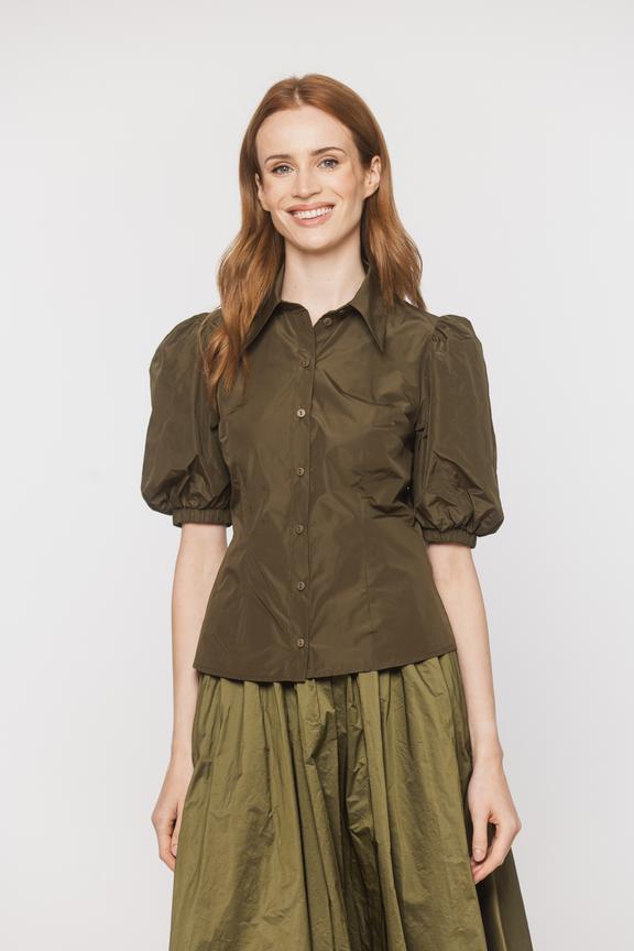 An olive-coloured taffeta shirt with puff sleeves and short sleeves