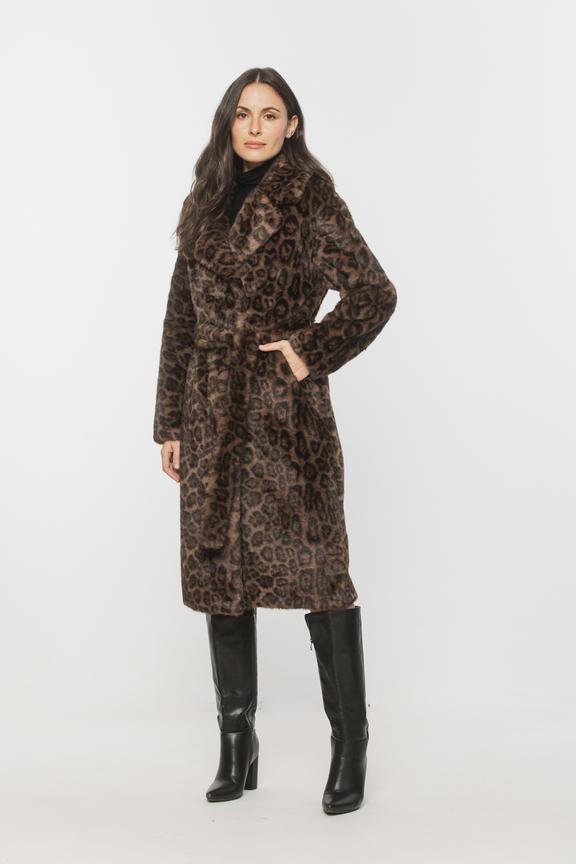 Panterkowy brązowy płaszcz syntetycznego futerka