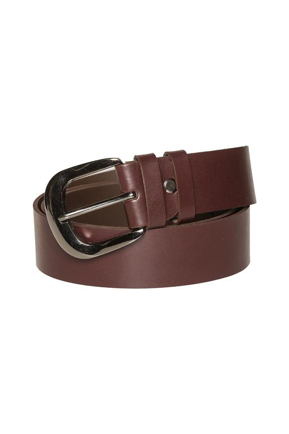 Burgundy leather belt with a dark gray buckle