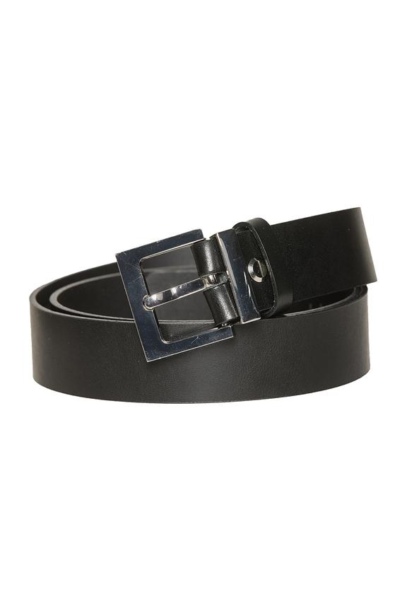 Black leather belt with silver buckle
