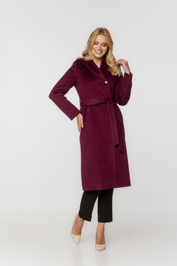 A purple woollen coat with a hood and a tie at the waist
