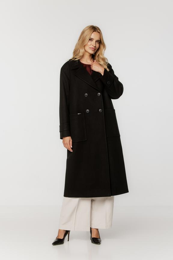 Długi czarny płaszcz o szerokim prostym kroju