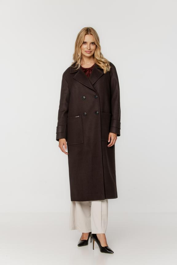 Długi ciemny płaszcz o szerokim prostym kroju