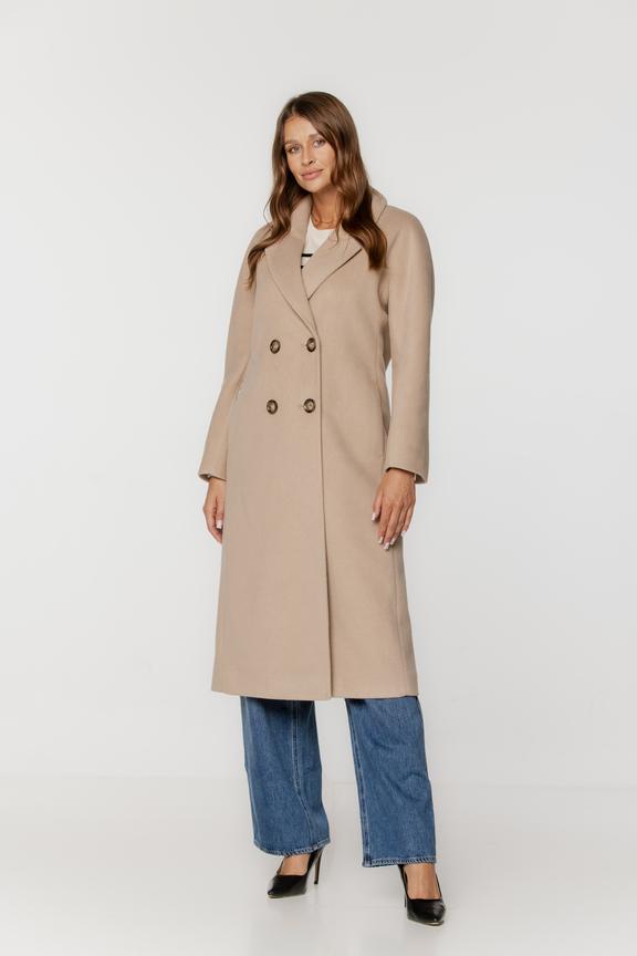 Wełniany dwurzędowy płaszcz jasnobeżowy o prostym kroju