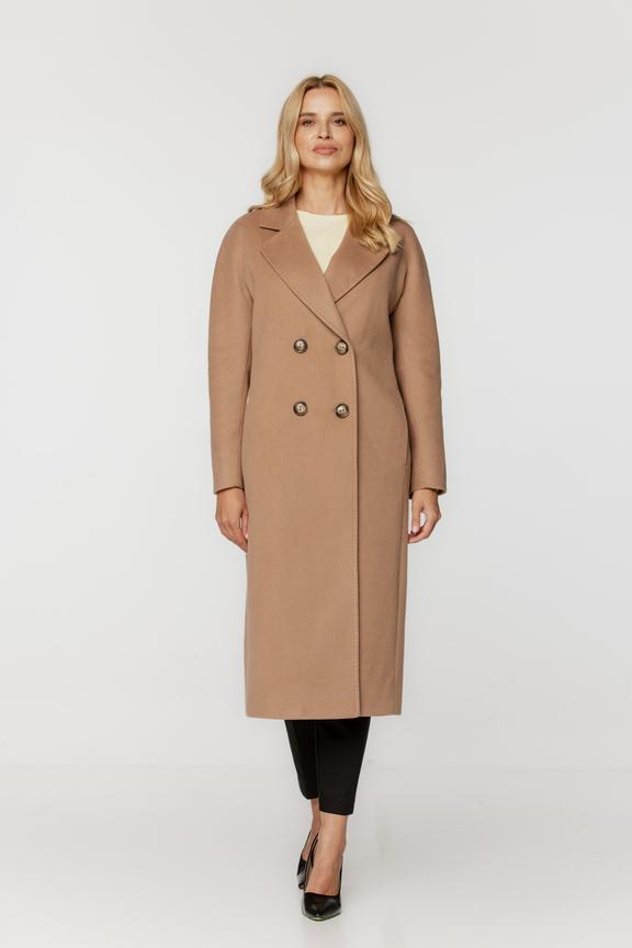 Wełniany dwurzędowy płaszcz toffi o prostym kroju