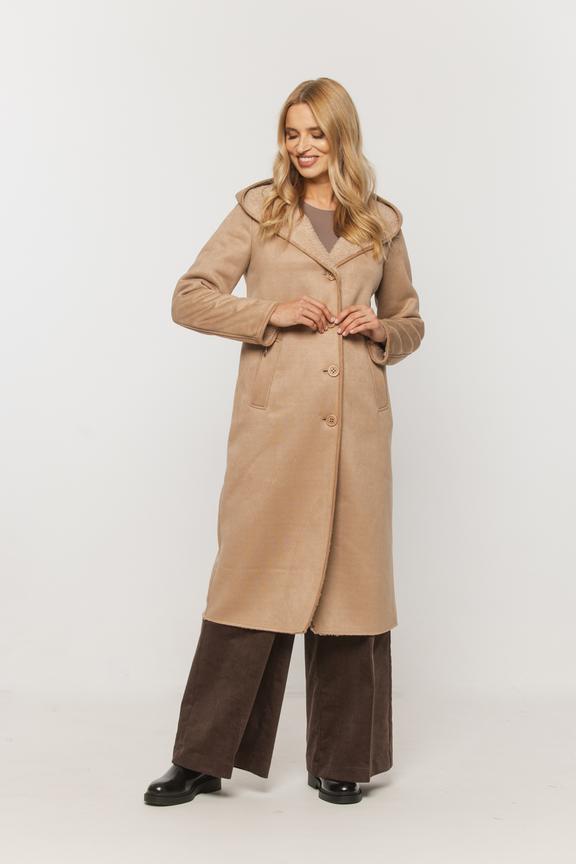 Ponadczasowy długi kożuszek z kapturem w kolorze beżowym