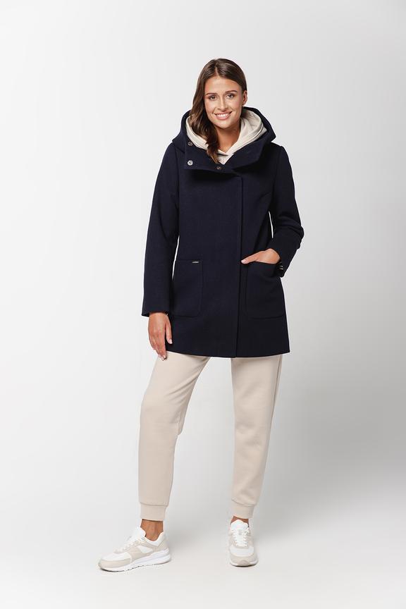 Granatowy ocieplany płaszcz ze stójką i  kapturem