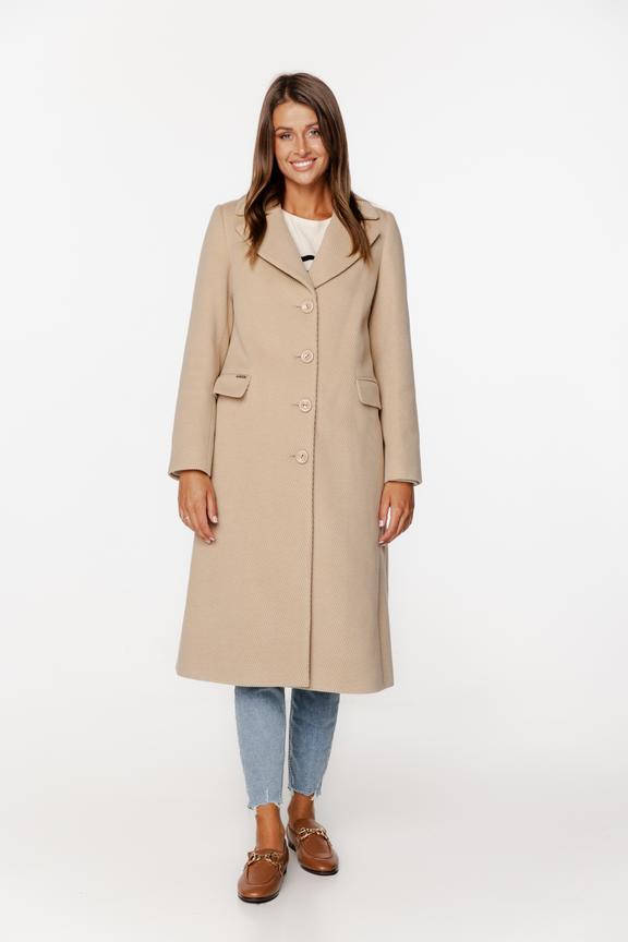 Wełniany beżowy płaszcz z patkami i zapięciem na guziki