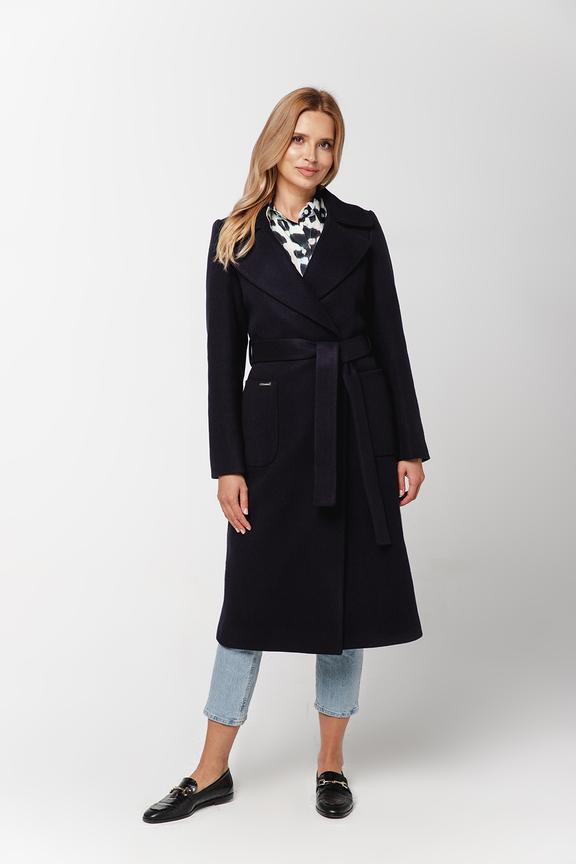 Płaszcz granatowy z paskiem i dużymi kieszeniami