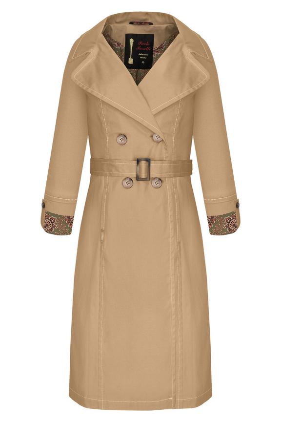 Wiosenny bawełniany trencz za kolano w kolorze karmelu