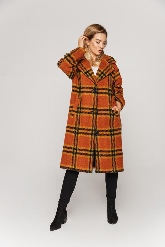 Wełniany oversizowy płaszcz damski  w kratę