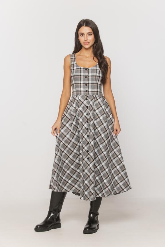 A flared checked midi dress with a button fastening