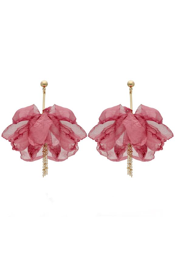 Różowe kolczyki kwiaty ze złotymi dodatkami