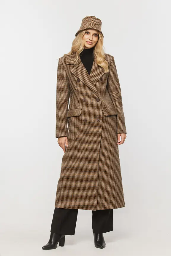 Stylowy długi płaszcz w pepitkę z dodatkiem wełny