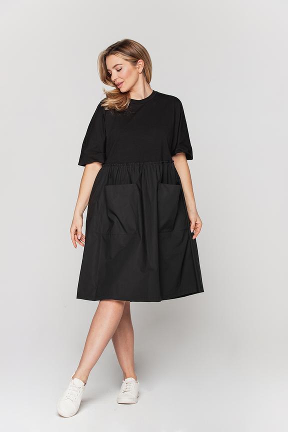 Luźna czarna sukienka z łączonych tkanin