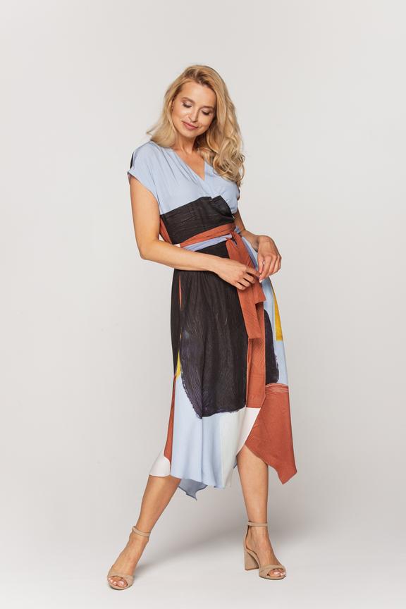 Overlapping asymmetrical dress with sash