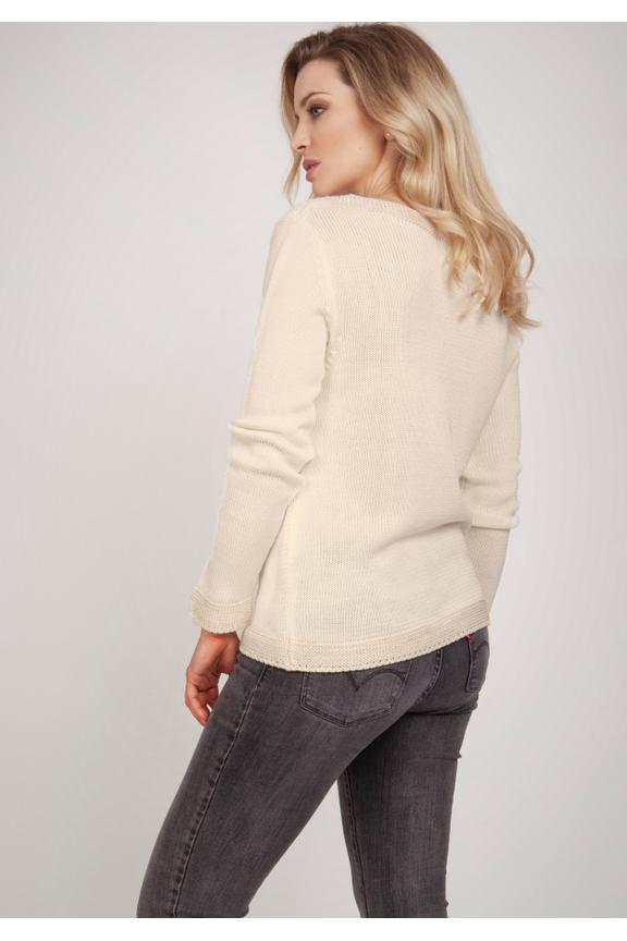 Sweter ecru ze złotą nitką przy dekolcie i mankietach