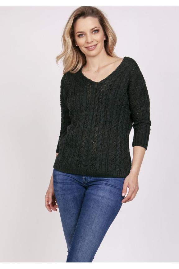Ciemnozielony  sweter z dekoltem w serek