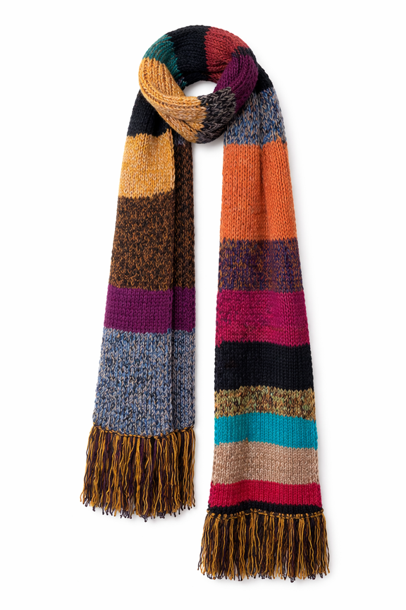 Kolorowy długi ręcznie robiony szal z frędzlami