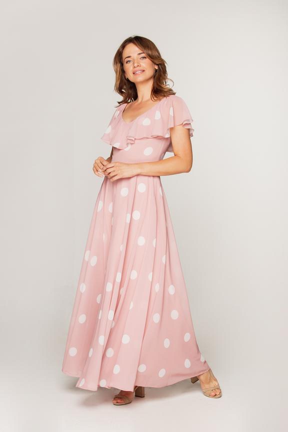 Pudrowa sukienka w grochy