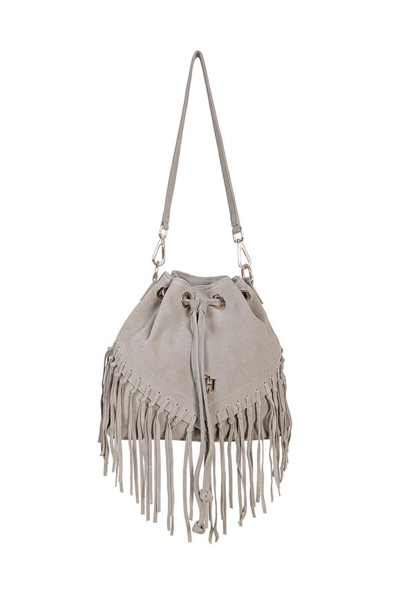 Beżowa skórzana torba z frędzlami w stylu boho