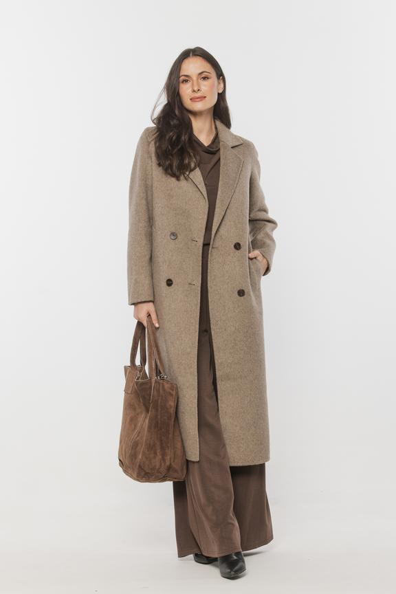 Wełniany beżowy płaszcz zapinany dwurzędowo