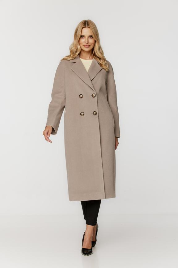 Wełniany dwurzędowy płaszcz taupe o prostym kroju