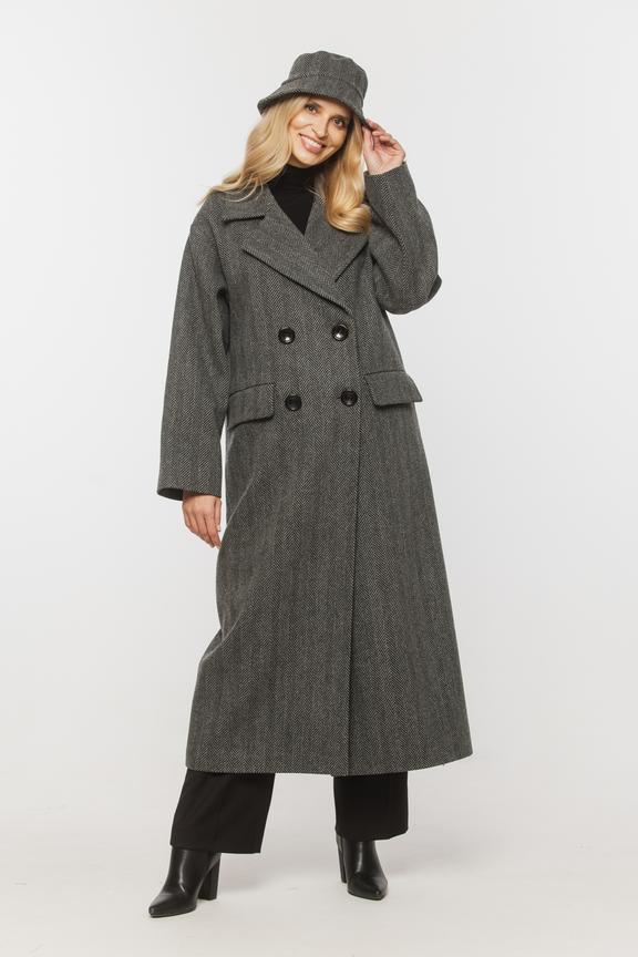 Wełniany dwurzędowy szary płaszcz w jodełkę