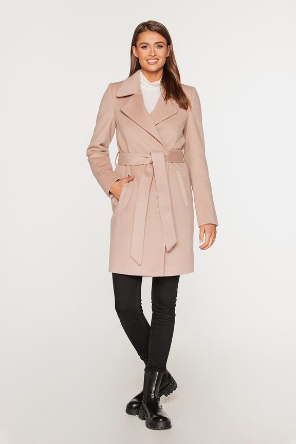 Wełniany krótki płaszcz beżowy z paskiem w talii