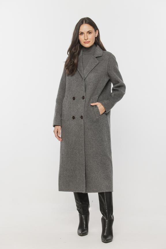 Wełniany szary płaszcz zapinany dwurzędowo