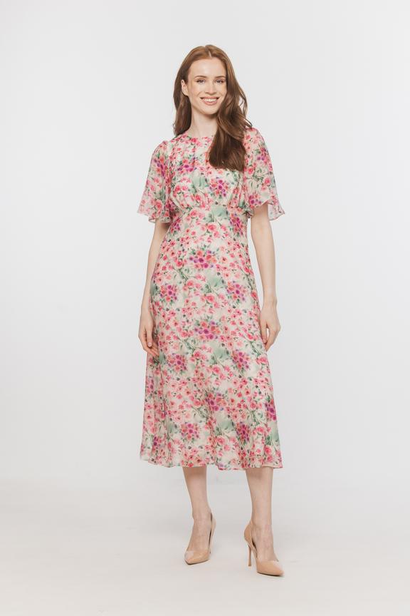 Wizytowa kwiecista sukienka ze zwiewnym rękawkiem
