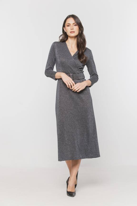 Wyjściowa srebrzystoszara sukienka z kopertowym dekoltem