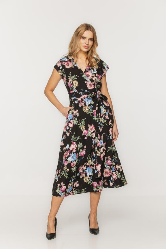 Zakładana czarna sukienka w kolorowe kwiaty