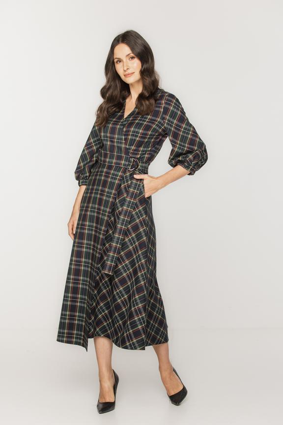 Zakładana sukienka w kratę z bufiastym rękawem