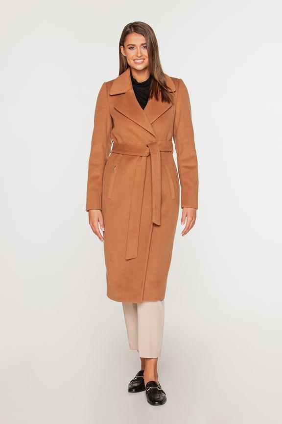 Zimowy kamelowy płaszcz z wełny