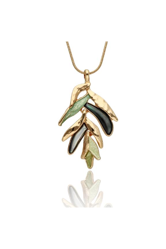 Złoty artystyczny naszyjnik z zielonymi elementami