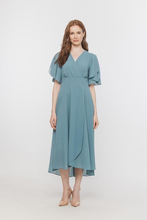 Zwiewna asymetryczna sukienka midi w kolorze morskim