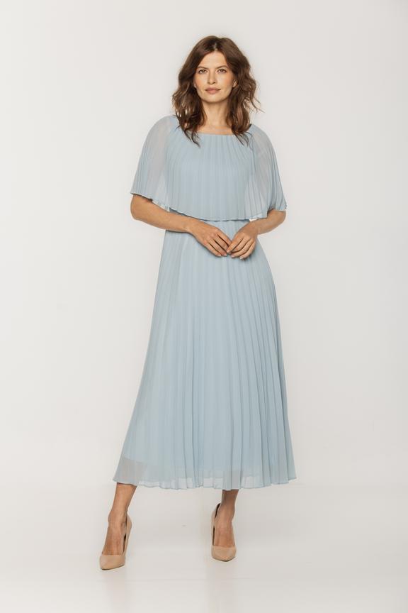 Zwiewna pastelowa sukienka z plisowaną falbaną przy dekolcie