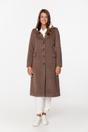Wełniany szarobrązowy płaszcz z patkami i zapięciem na guziki