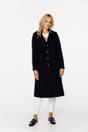 Wełniany granatowy płaszcz z patkami i zapięciem na guziki