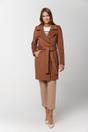 Wełniany krótki płaszcz brązowy z paskiem w talii